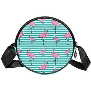 Ronde Crossbody Tas Messenger Bag Purse voor Vrouwen Roze Flamingo Patroon Blauwe Strepen, Meerkleurig, 6.7x6.7x2.3 in, Sling Rugzakken
