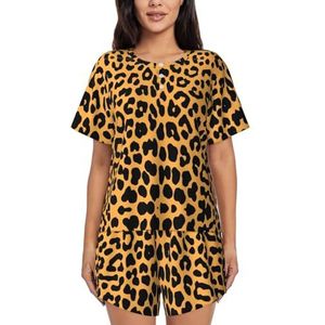 JIAWUJYNB Pyjama met luipaardprint voor dames met korte mouwen - comfortabele korte sets, nachtkleding met zakken, Zwart, M