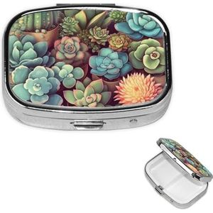 Schattige vetplanten pillendoos met spiegel 2 compartimenten decoratieve pillenhoes voor portemonnee of zak kleine vierkante pillenorganisator wekelijkse metalen medicijntablet vitaminehouder