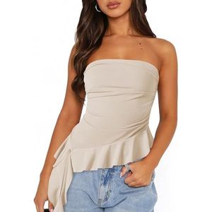 Dames Sexy Bodycon Tube-tops, Asymmetrische Ruches Zoom Strapless Tanktops Basic Tees Shirt(Color:Apricot,Size:L)