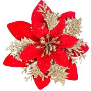10 stuks 15 cm glitter kerstbloemen kunstmatige kerstster bloem hoofd kerstboom ornament woondecoratie Nieuwjaar (kleur: rood en goud)