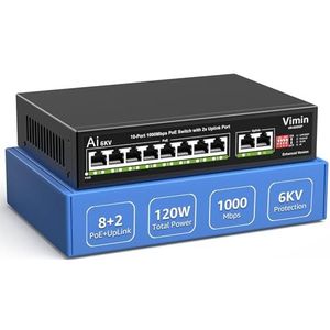 10-poorts gigabit PoE-switch met 8 PoE-poorten, VIMIN 8-poorts Unmanaged 10/100/1000 Mbps netwerk PoE-switch met 2 uplinkpoorten, AI Watchdog, VLAN, 250 m, ondersteunt IEEE802.3af/at