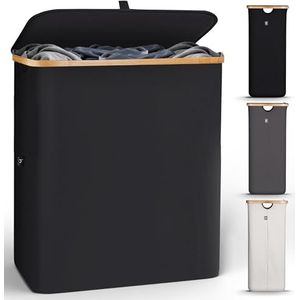 HENNEZ Grote Wasmand met Deksel, 2 Vakken | 140L Waszak | Wasmand voor Badkamer en Slaapkamer | Moderne Wasverzamelaar met Handvatten | Opvouwbare Wasmand met Bamboe Applicatie - Zwart