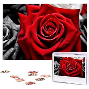Zwart-witte en rode rozen, 1000 stukjes, gepersonaliseerde legpuzzels, houten fotopuzzel voor volwassenen, familie, foto, puzzelgeschenken voor bruiloft, verjaardag, Valentijnsdaggeschenken (74,9 x 50