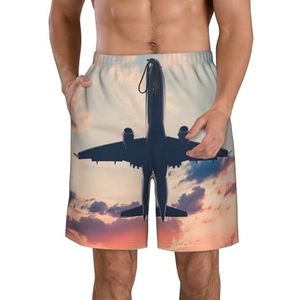Vliegtuig zonsondergang print heren strandshorts zomer vakantie strand shorts casual lichtgewicht trekkoord, Wit, S