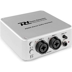 Power Dynamics PDX25 stereo audio-interface, digitale/analoge audio-interface, 2 x XLR-ingang / 2 x 6,3 mm jack-ingang, stereo RCA-uitgang, USB-aansluiting, hoofdtelefooningang