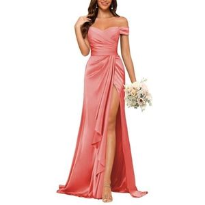 KURFACE Satijnen baljurken met split voor dames, mouwloos, lange formele avondjurk, Koraal, 32