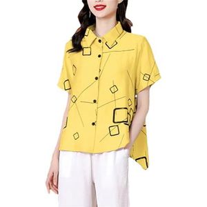 Dvbfufv Dames zomer knoop omgeslagen kraag print korte mouwen cardigan shirt dames casual vintage tops, Geel, XL