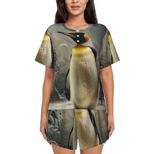 Pinguïn Print Dames Zomer Zachte Tweedelige Bijpassende Outfits Korte Mouw Pyjama Lounge Pyjama Sets, Zwart, XXL