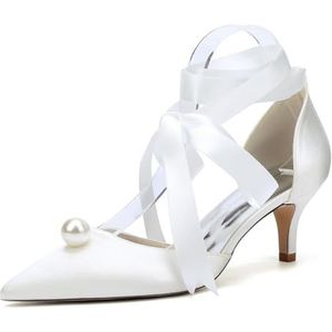 EICOFF Dames Lage Kitten Heels Sandalen Pumps Vrouwen Puntige Teen Parel Satijn Slip On Dress Schoenen Bruiloft Prom Bruidsschoenen,ivoor,36 EU