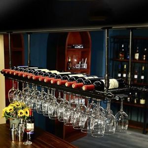 Wijnrekken Hangend wijnrek met bekerhouder en plank, verstelbare metalen wijnglashouder aan het plafond, retro-industriële stijl Display (Color : Noir, Size : 120cm x 30cm)