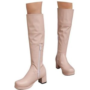 Winter Hoge Laarzen Met Knopen Dames Platform Lange Laarzen Met Blokhak Warme Sneeuwlaarzen Met Pluche Voering Kniehoge Laarzen Van PU-leer Met Rits Aan De Zijkant(Pink,43 EU)