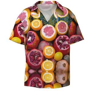 ZEEHXQ Roze Bloem Groep Print Mens Casual Button Down Shirts Korte Mouw Rimpel Gratis Zomer Jurk Shirt met Zak, Fruit Afbeelding, XL