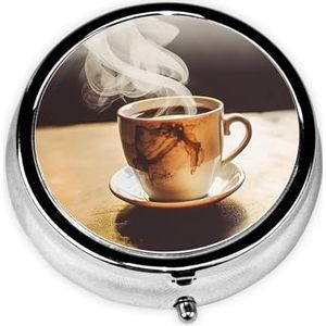 Pillendoosje met spiegel, retro pillendoosje met 3 vakken, warme koffie, kleine pillenorganizer voor portemonnee of zak, decoratieve metalen medicijnen, vitamine-organizer, unieke geschenken