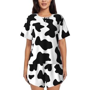 RIVETECH Zwart-witte pyjama met koeienprint voor dames met korte mouwen - comfortabele korte sets, nachtkleding met zakken, Zwart, L