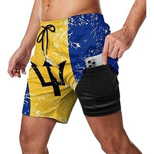 Retro Barbados vlag heren zwembroek sneldrogend 2 in 1 strand sport shorts met compressie voering en zak