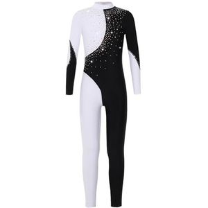 NUOYIXUAN Gymnastiekpak voor tieners, voor kinderen, meisjes, lange mouwen, strass, glanzend, schaatsen, gymnastiekpak voor meisjes, balletpak (zwart-wit, 16)