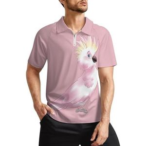 Roze kaketoe papegaai heren golfpoloshirts klassieke pasvorm T-shirt met korte mouwen bedrukt casual sportkleding top S