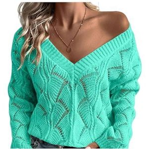 HAODAGE women's jumpers Autumn And Winter Sweater Women's Wear V-neck Long-sleeved Hollow Loose Pullover Sweater Women-dark Green-m