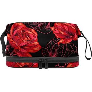 Grote capaciteit reizen cosmetische tas,Rode bloeiende roos bloemen zwart, make-up tas,Waterdichte make-up tas organisator, Meerkleurig, 27x15x14 cm/10.6x5.9x5.5 in
