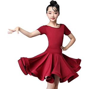 HWBZSZY Korte Mouw Moderne Ballroom Dancing Jurken Voor Kinderen Salsa Tango Rok Girl Latin Dance Dress Practice Draagwedstrijden Danskostuums,Rood,3XL