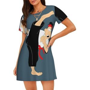 GXUNGT Cartoon karate print dames zomer gewaad, korte mouwen nachtkleding, zacht en comfortabel, voor thuis en buiten, Zwart, S