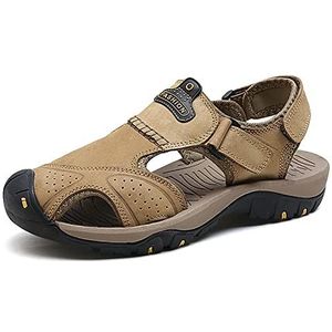 Heren echt leer gesloten teen sandalen, casual handgemaakte wandelsandalen, mode holle backpacken strandschoenen, Kaki, 39.5 EU