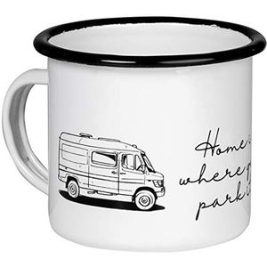 MUGSY Mok van emaille met spreuk HOME IS WHERE YOU PARK IT, campingmok, wit, emaille beker, campinguitrusting, 300 ml