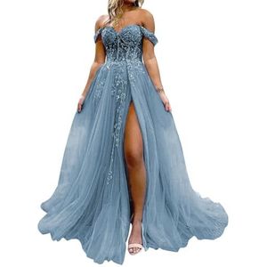 HPPEE Dames off-shoulder galajurken met split kant applicatie glitter tule formele jurk lange baljurk, Dusty Blauw, 32