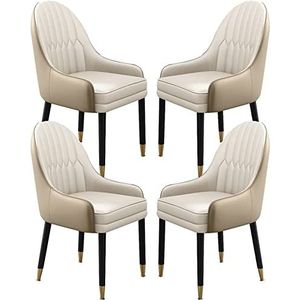 GEIRONV Houten Benen Accent Arm Stoelen Set van 4, Moderne Lederen Woonkamer Ergonomie Stoel Eetkamerstoelen for Kantoor Lounge Eetkamer Slaapkamer Eetstoelen (Color : Rice White+Champagne, Size : 9