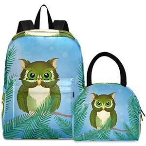 Groene uilenvogel boekentas, lunchpakket, schouderrugzak, boekentas, kinderrugzak, geïsoleerde lunchbox-tas voor meisjes en jongens, Patroon., Medium