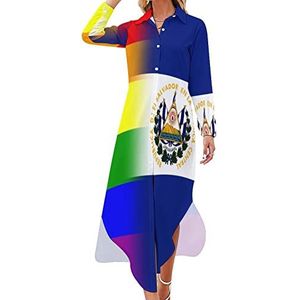 LGBT Pride El Salvador vlag dames maxi-jurk lange mouwen knopen overhemd jurk casual feest lange jurken 2XL