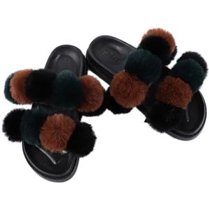 OLACD Fuzzy Open Toe Bont Slides met Pom Pom Ball - Zachte Pluizige Mode Platte Vrouwen Faux Bont Slippers voor Binnen en Buiten, Multi kleuren 30, one size