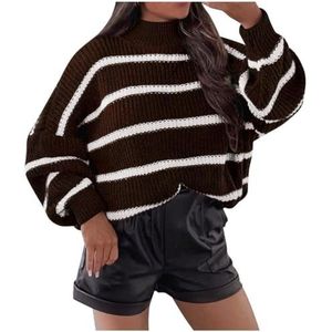 UPPJPBSW Dames Oversized Gestreepte Truien Lange Mouwen Pullover Trendy Casual Nep Hals Los Gebreide Trui Tops,Bruin,Large