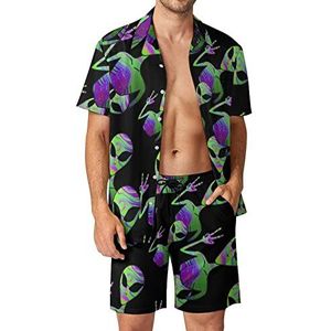 Tie Dye Alien Hawaiiaanse sets voor heren, button-down trainingspak met korte mouwen, strandoutfits, L