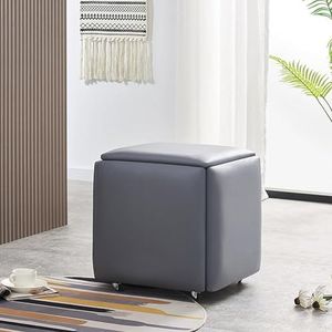 5 in 1 Nesting Ottoman Cube Chair, stapelbare krukjes, Faux PU kleine vierkante voetsteun krukjes, voetenbankje met wielen voor woonkamer, eetkamer(Purple,35 * 35 * 35CM)