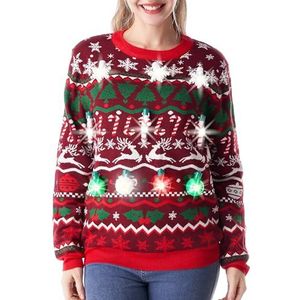 Giggling Getup Noordse kersttrui voor dames, lichtgevende kersttrui, rendier, wintertrui voor heren en dames, rood, S