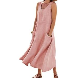 HHuiXinXue Mouwloze maxi-jurk voor dames, zomer, effen kleuren, linnen, lange jurk, modieus, vloeiende, etno-jurk met zakken, roze, M