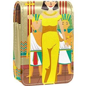 Vintage Oude Egypte Cleopatra Draagbare Lipstick Case voor reizen, Mini Lipstick Opbergdoos met spiegel voor vrouwen dames, Lederen Cosmetische Pouch, Meerkleurig, 9.5x2x7 cm/3.7x0.8x2.7 in