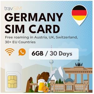 travSIM Duitsland SIM Kaart | 6GB data met 4G/5G snelheden | Onbeperkt bellen | Gebruik Duitsland SIM Kaart in UK & 30+ EU Landen | Plan op SIM kaart voor Duitsland 30 dagen geldig