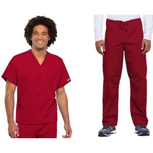 Dames Scrubs Set Werkkleding Originals 4777 V-hals Tuniek Top & 4100S Trekkoord Cargo Broek, Rood-L Top/L Korte Broek