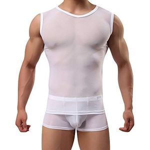 sandbank Ondergoed T-shirt voor mannen zwart lange mouwen mesh top ondershirt heren sexy mesh pure t-shirt nachtkleding gym fitess, Wit # 2, M