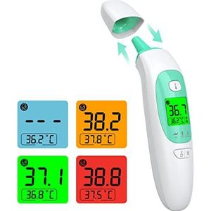 Oorthermometer, digitale voorhoofdthermometer voor volwassenen, kinderen, baby, KKmier contactloze medische temperatuurthermometer voor thuisgebruik met 3 kleuren koortsalarm, CE-gecertificeerd