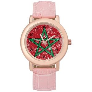 Marokko Retro Vlag Vrouwen Horloge PU Strap Polshorloge Quartz Roze Valentijnsdag Gift