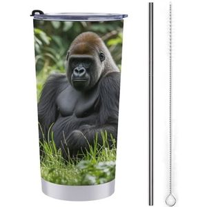 LHDGSJE Gorilla in het gras geïsoleerde beker herbruikbare roestvrijstalen mok reiskoffiemok lekvrij grote capaciteit autobeker geïsoleerde waterfles past in de bekerhouder van de auto