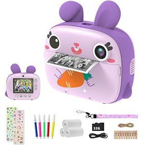 CAMCLID Kindercamera, instant camera, voor kinderen met 3 rollen thermisch papier en 32G SD-kaart, 2,4 inch scherm digitale camera en videocamera, fotocamera, cadeau voor meisjes en jongens (paars)