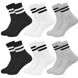 srclo Sokken kinderen sportsokken jongens kindersokken meisjes (6 paar) katoenen sokken schoolsportsokken, wit, zwart, grijs, 9-12 Jaar