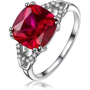 Verlovingsringen, verstelbare ringen for vrouwen, klassieke 925 zilveren ring met vierkante robijn/smaragd edelsteen charme vrouwen zilveren sieraden verloving dame cadeau maat 6-10 (kleur: rood) (Co