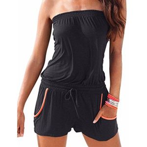HAHAEMMA Dames strapless strapless strapless weg van de schouder korte overall sexy zomer strand met print jumpsuits rompers, zwart, L