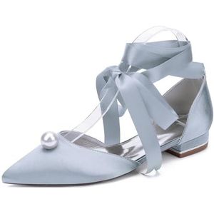 EICOFF Dames Puntige Teen Flats Pumps Vrouwen Lage Hak Parel Satijnen Sandalen Slip-op Bruiloft Bruids Feest Jurk Werkschoenen,Zilver,36 EU